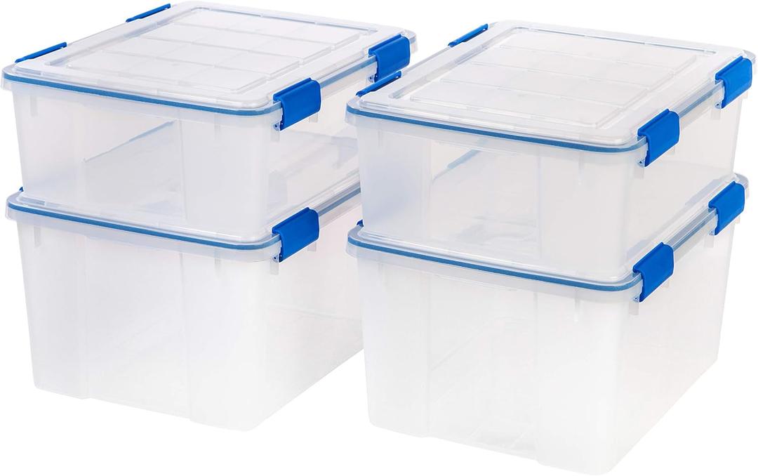IRIS USA WeatherPro 27 & 44 Qt Storage Bins with Lids, 4 Pack, BPA-Free Plastic Gasket Box with Tight Latch and Seal, Stackable Nestable Tote Tub - Clear/Blue