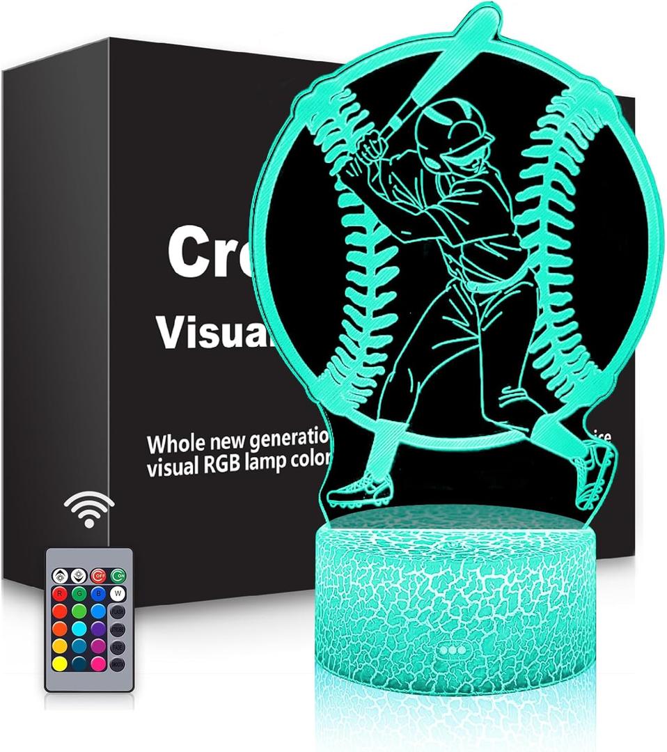 BASSI Baseball Gift 3D Night Light for Kids - 16 Colors & Flashing Modes with Remote Control Opreated Dimmable - Baseball Player Decor - Christmas Birthday Gifts for Boys Girls Sport Fans