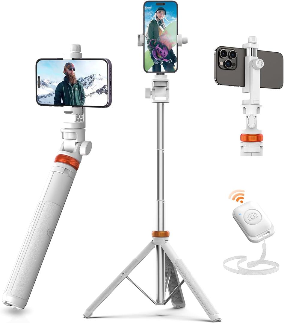 EUCOS 62" Tripod for iPhone, Sturdy Selfie Stick Tripod with Remote&Lightweight Phone Tripod, Solidest Portable Cell Phone Tripod for iPhone Pro Max/Android [White] (Mineral White)