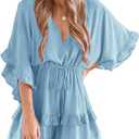 Valphsio Womens V Neck Beach Romper Ruffle Layered Drawstring Waisted Shorts Jumpsuit (X-Large, Sky Blue)