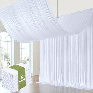 Htper 6 Panels 5x20ft White Ceiling Drapes for Wedding Parties, Wrinkle Free Thick Polyester Canopy Tent Draping Fabric Curtains Arch Drapery for Birthday Graduation Event Venue Decoration