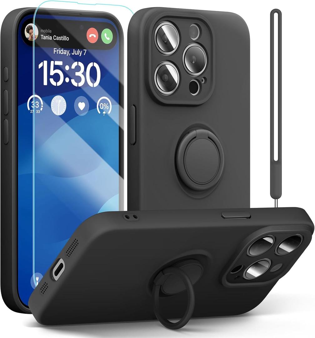 pcgaga Silicone Phone Case for iPhone 15 Pro Max with Screen Protector [Ring Holder Stand] [Wrist Strap] [Microfiber Lining] Slim Shockproof Protective Cover, 6.7 Inch (Black)