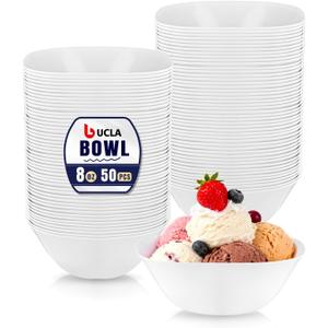 bUCLA 50Pack White Plastic Small Bowls - 8oz Disposable Ice Cream/Salsa/Dipping/Dessert/Sauce/Small Serving Bowls for Party