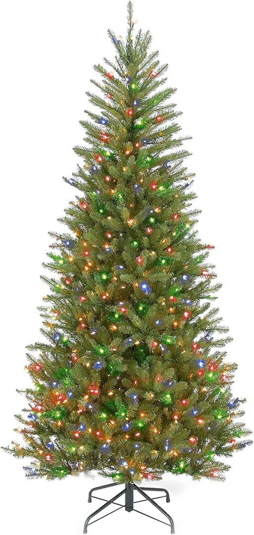 National Tree Company 6.5 ft Pre-Lit Dunhill Fir Slim Artificial Christmas Tree, 500 Multicolor Lights, 1,184 Tips, Includes Stand, Green