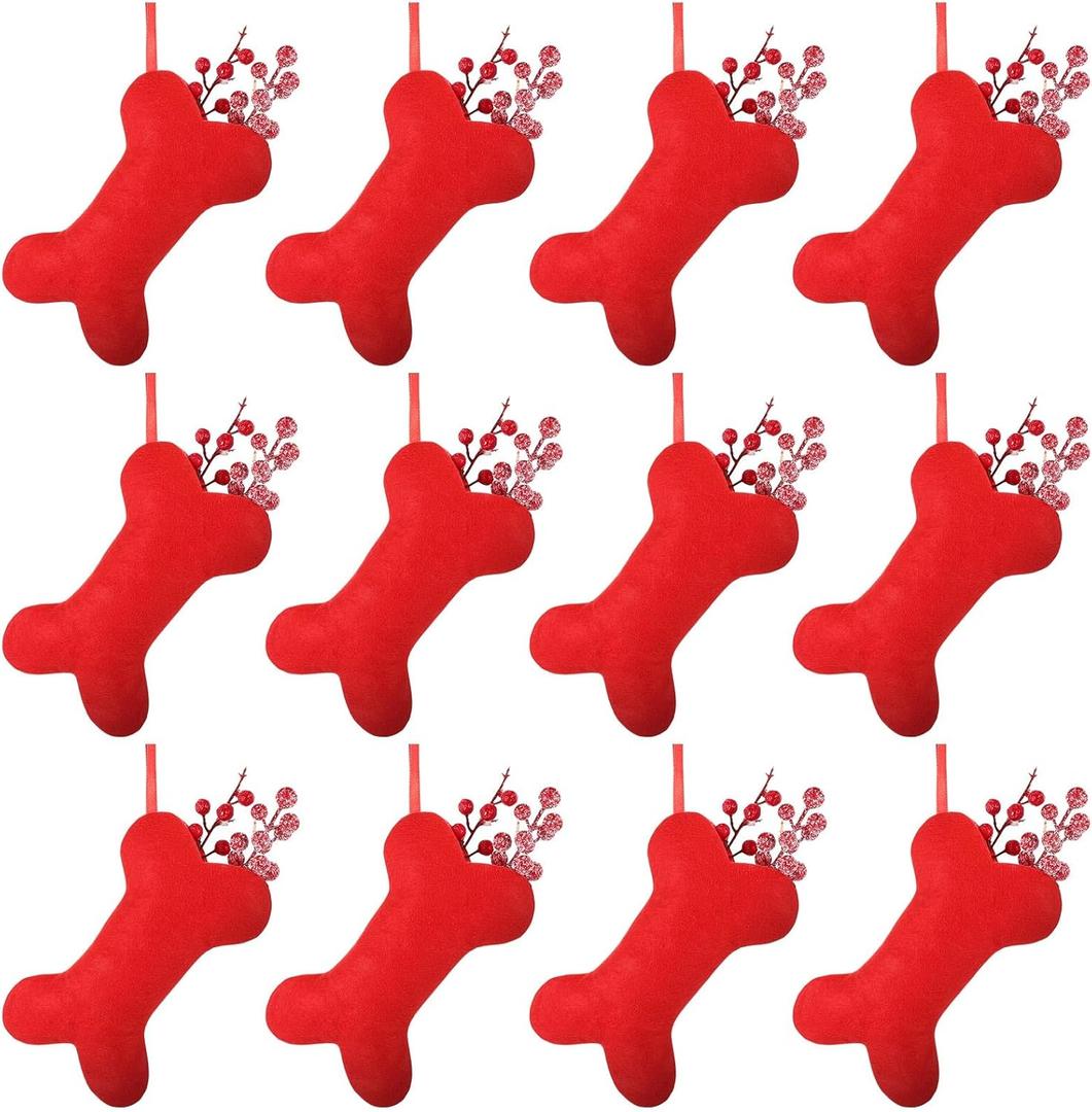 Soulchen 12 Pcs Red Dog Christmas Stocking, Non-Woven Fabric Christmas Stocking for Dogs, 7.87 Inch Bone Shape Pet Puppy Xmas Hanging Decor
