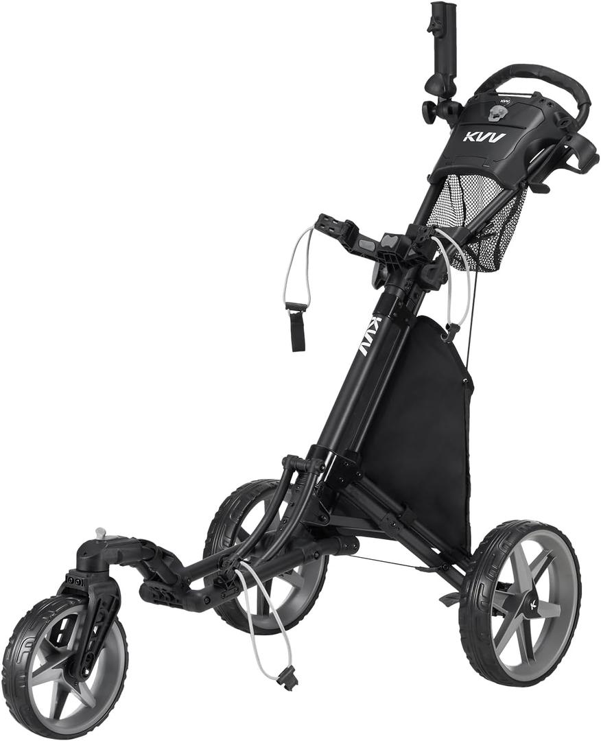 KVV 3 Wheel 360 Rotating Front Wheel Golf Push Cart Open and Close in ONE Second-Free Umbrella Holder Included (Black/Charcoal)