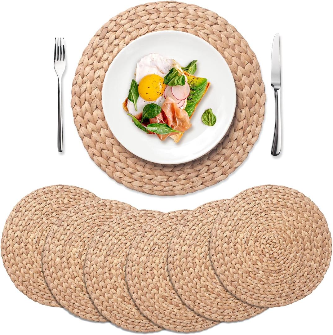 6 Pack, Round Woven Placemats, Natural Water Hyacinth Place mats, Braided Straw Table Mats for Dining Table, Christmas Placemats Set of 6 (15 inch)