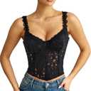 LEACOOLKEY Lace Corset Top for Women Sexy Sheer Floral Bustier Going Out Lace-up Bralette Club Party Concert Crop Top (Large, Black)