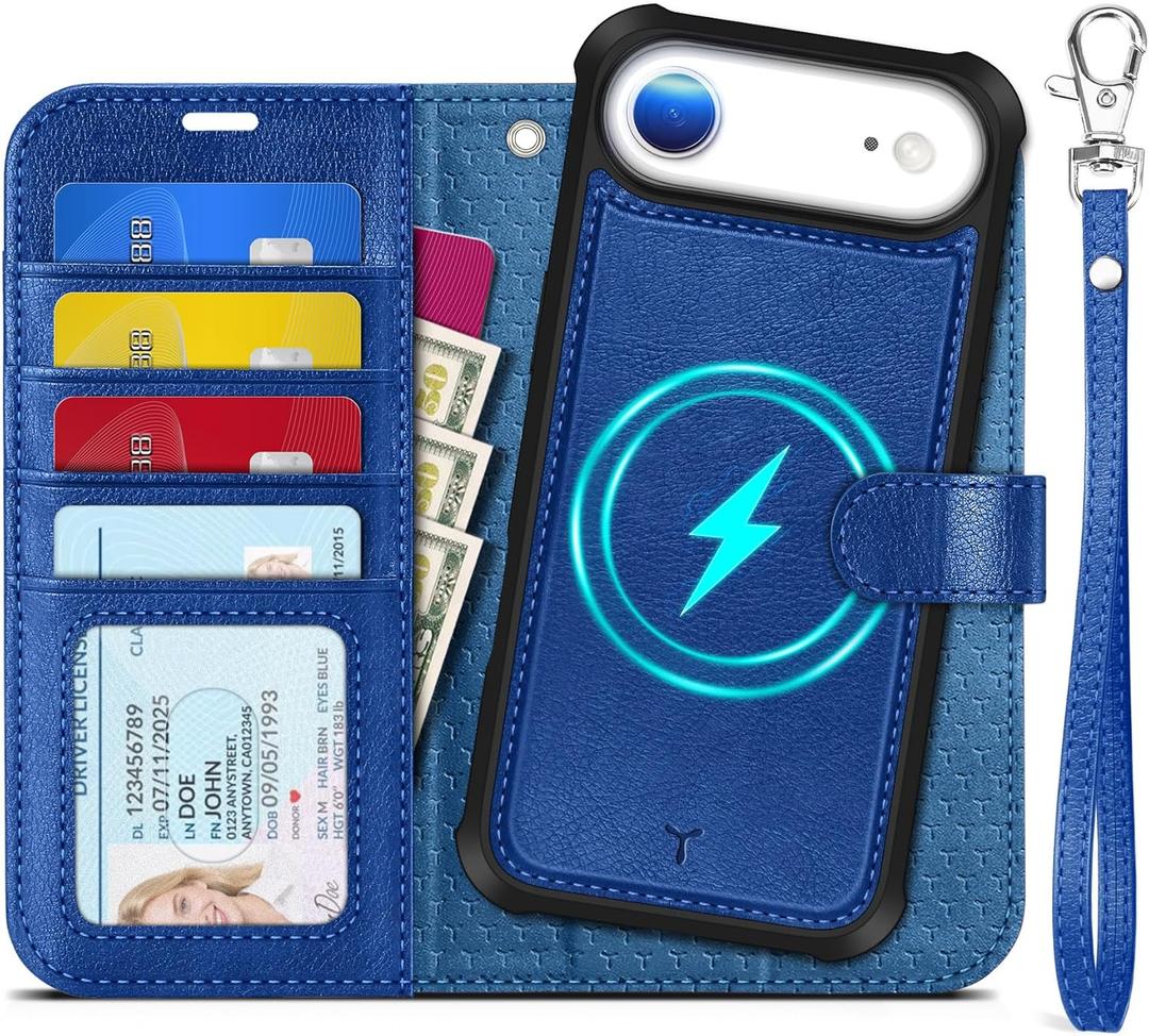 TUCCH 2-in-1 Detachable Wallet Case for iPhone Air (6.5-inch) 2025, RFID Blocking 4 Card Slot | Wireless Charging | Wrist Strap | Kickstand | Magnetic | PU Leather | Protective Cover | Klein Blue
