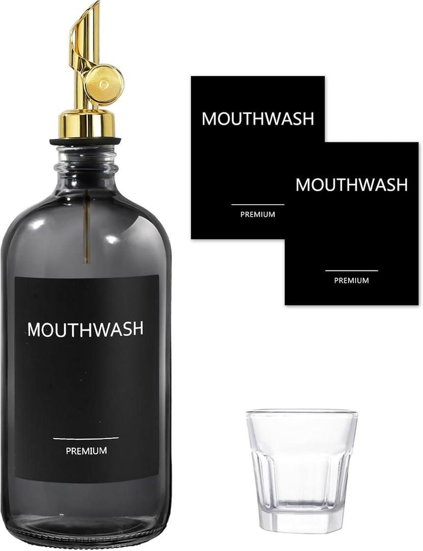 Mouthwash Dispenser for Bathroom, Glass Mouthwash Dispenser with Cup, Mouth Wash Container Bottle with Cup, Refillable Mouthwash Decanter, Clear Black, 1 Pack, 17oz