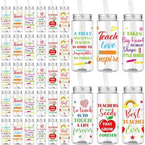 Ziliny 36 Pcs Teacher Appreciation Gift Teacher Cups Bulk 14.2oz Thank You Cups with Lid and Straw Inspirational Cold Drinking Cup for Coworker Stuff