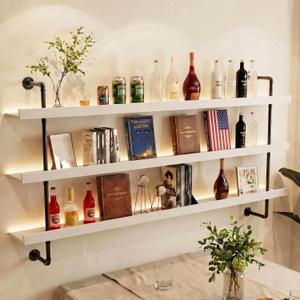 HOUSESET 36inch Wine Wall Rack with Led Lights, 3-Tiers Modern Pipe Liquor Bottle Display Shelf, Bar Shelves Wall Mounted for Commercial Bar, Restaurant, Home, 3ft/36in