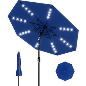9 Ft Solar Patio Umbrella with LED Lights & Tilt Crank, 8 Ribs Outdoor Market Table Umbrella for Pool, Deck, Backyard (9FT, Navy Blue)