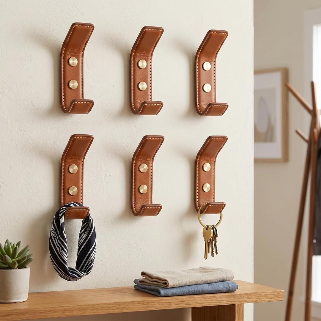 Unittype Vintage Wall Hooks Brown Leather Wall Hooks Vintage for Hanging Coat Robes Towels Bags Hats Scarves Keys, Heavy Duty Entryway Bedroom Closet Organizer Hardware(Style C) (Pack of 2, Count of 12)