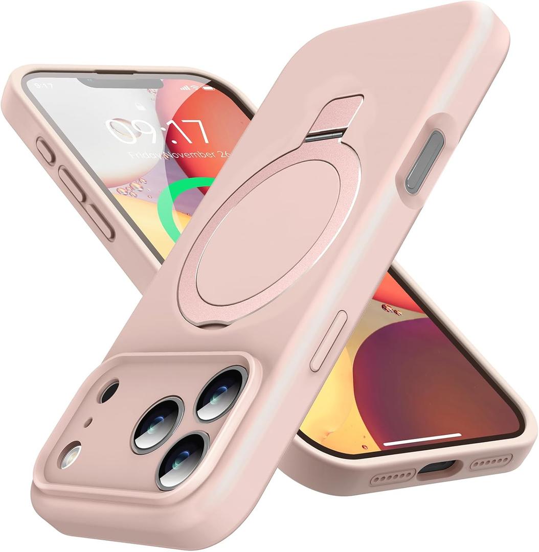 Designed for iPhone 17 Pro Case with Magnetic Invisible Stand, [Compatible with Mag-Safe][Full Camera Protection]Liquid Silicone Shockproof Phone Case with Anti-Scratch Microfiber Lining, Pink