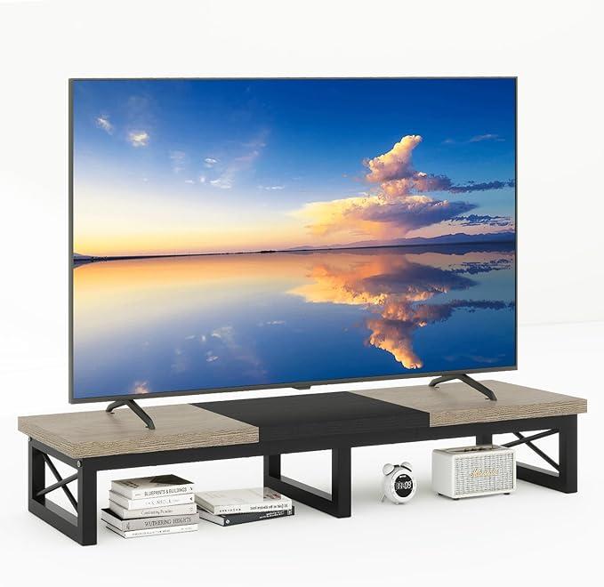 IBUYKE 45" Large TV Riser for 32-60 inch TV, Tabletop Short TV Stand with Storage and Steel Legs, Dual Screen Office Desk, Stand Riser, TV Riser Stand for Home, Bedroom, Living Room, Greige Black
