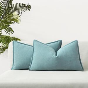 JUSPURBET Aqua Blue Herringbone Textured Lumbar Throw Pillow Covers 16x24 inch Set of 2 for Home Decor Living Room Couch Bed Decorative Soft Luxury Chenille Cushion Case with Invisible Zipper ?