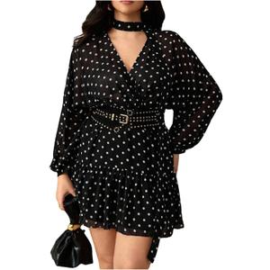 BEAUDRM Women's Plus Size Polka Dots Short Dress Y2k Ruffle V Neck Long Sleeve A Line Dresses with Scarf  XL