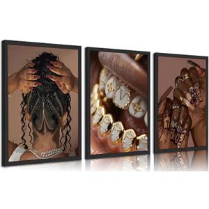 3pcs Trendy Black Woman Canvas Wall Art Fashion Black Girl Posters Prints African American Woman Wall Decor Pictures for Home Living Room Bedroom Bathroom Decoration Unframed (16x24in-Posters, black woman1)