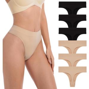 Fondtec Womens Seamless No Show Thong Underwear, High Waisted G-String, Cotton Gusset, Breathable Stretch, 6 Pack, Black/Nude, Large