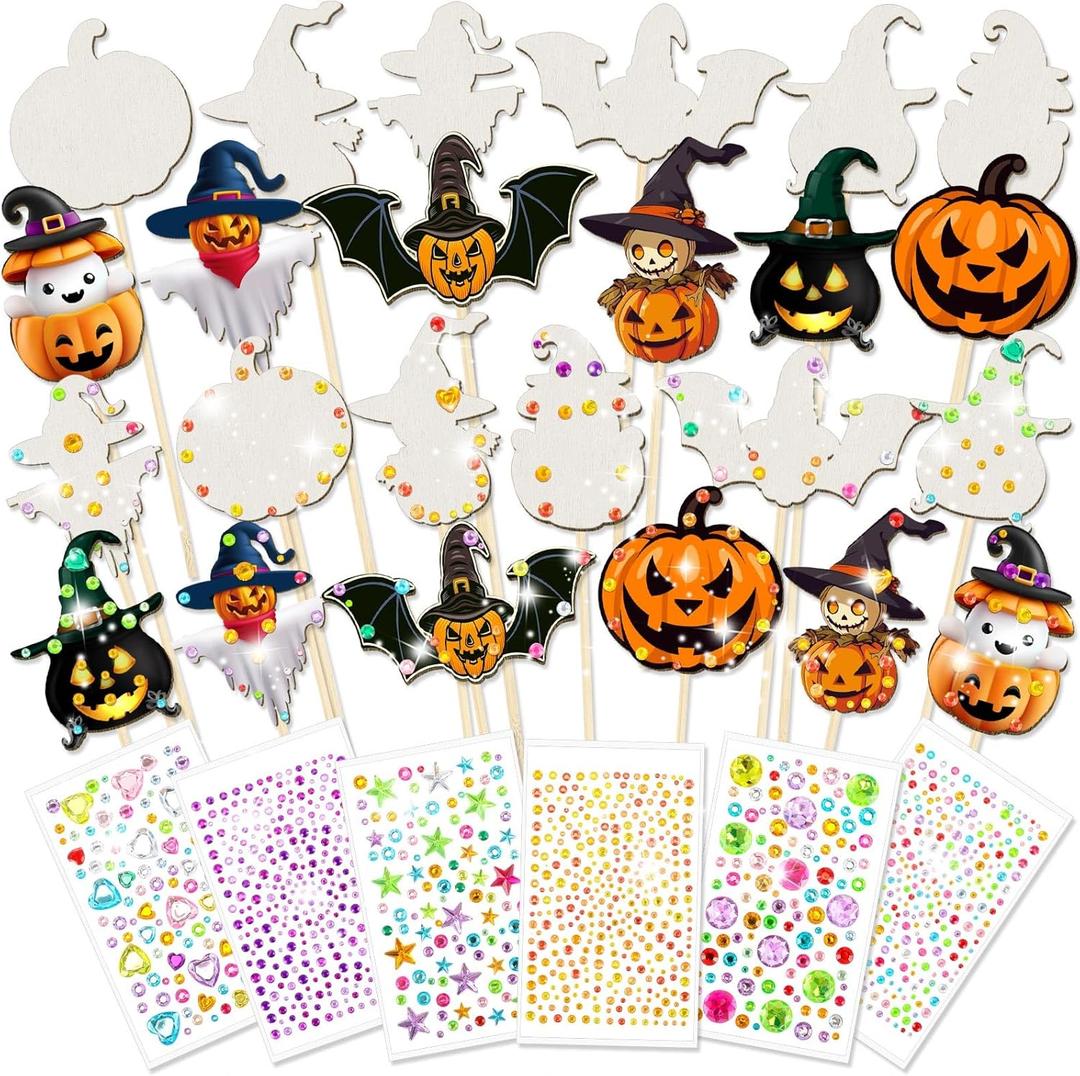 Juexica 24 Pcs Halloween Fairy Wands Kit Including 24 Unfinished Wood Pumpkin Wands and 6 Sheets Gem Stickers for Witch and Princess Birthday Party Favors Decorations DIY Craft Gift, 6 Styles