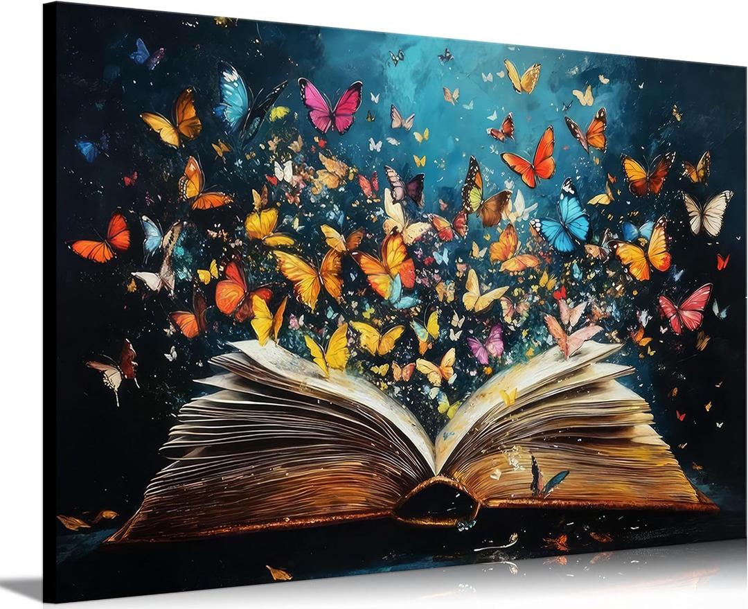 Colorful Butterfly Book Canvas Wall Art Butterfly Emerging From Book Picture Wall Decor Reading Enthusiasts Poster Print for Library Reading Room Bedroom Modern Reading Concept Home Decoration