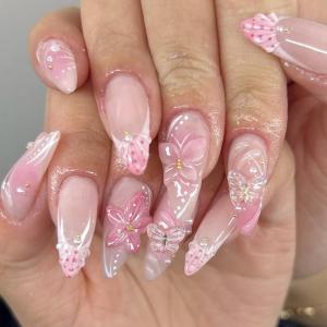 9 x 24 Pcs Handmade Press on Nails Short Almond Nail Tips,YEFIUO French Acrylic Fake Nails Press ons 3D Flower Butterfly Nail Charms Design Glue on Nails Full Cover Reusable False Nails Art Kit for Ma'am, Mix