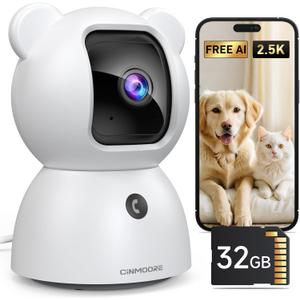 4MP Camera for Home Security, Free 32GB SD Card, Non-Subscription AI Human/Pet/Crying Detection, 2.5K Dog Cat Pet Camera with Phone APP, 360 Coverage, 2-Way Talk, IR Night Vision, 2.4G WiFi