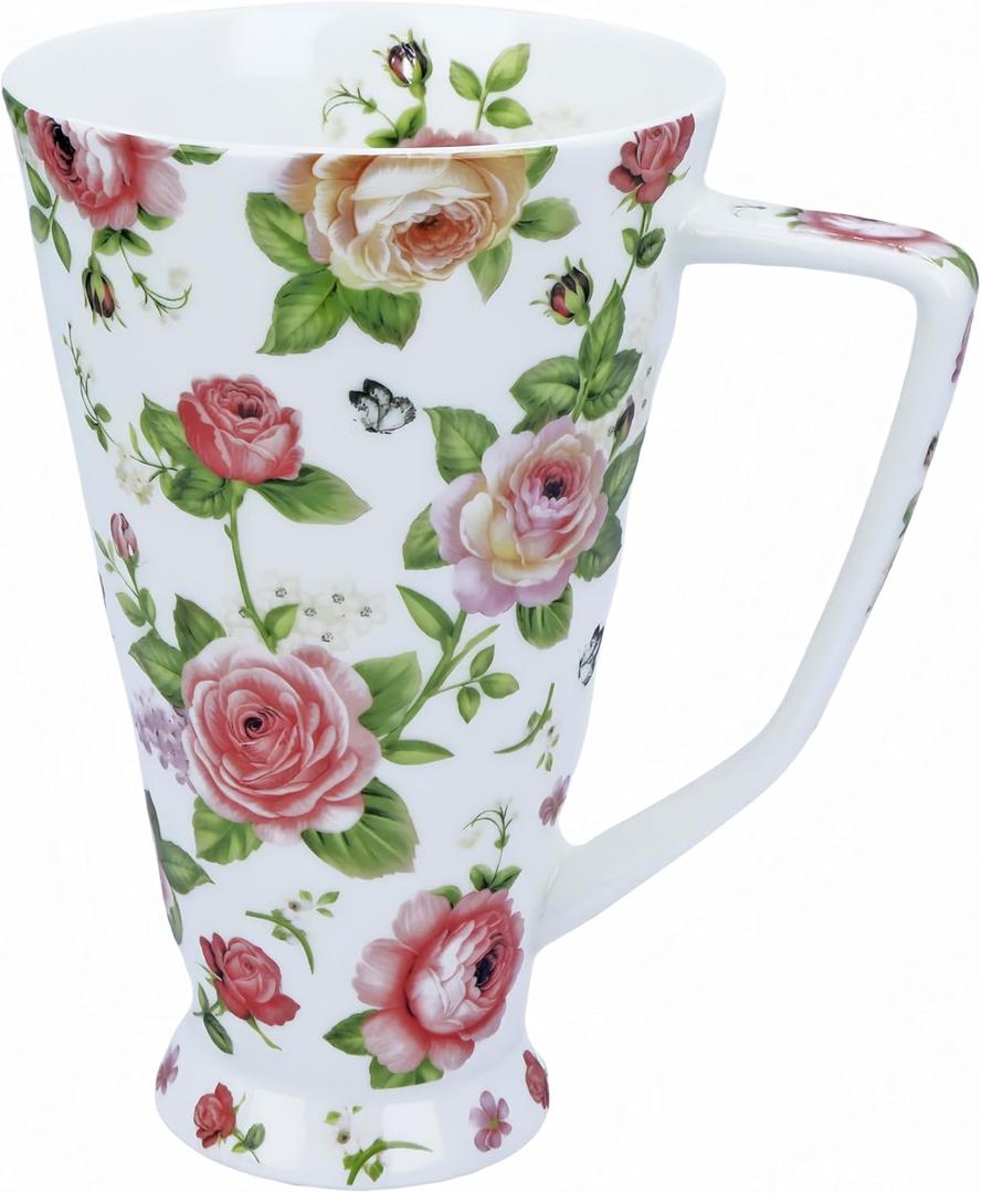 17oz Cute Coffee Mug for Women Bone China Coffee Mug Cute Mugs Christmas Mugs Birthday Gifts for Mom Friends (white garden flower mug)