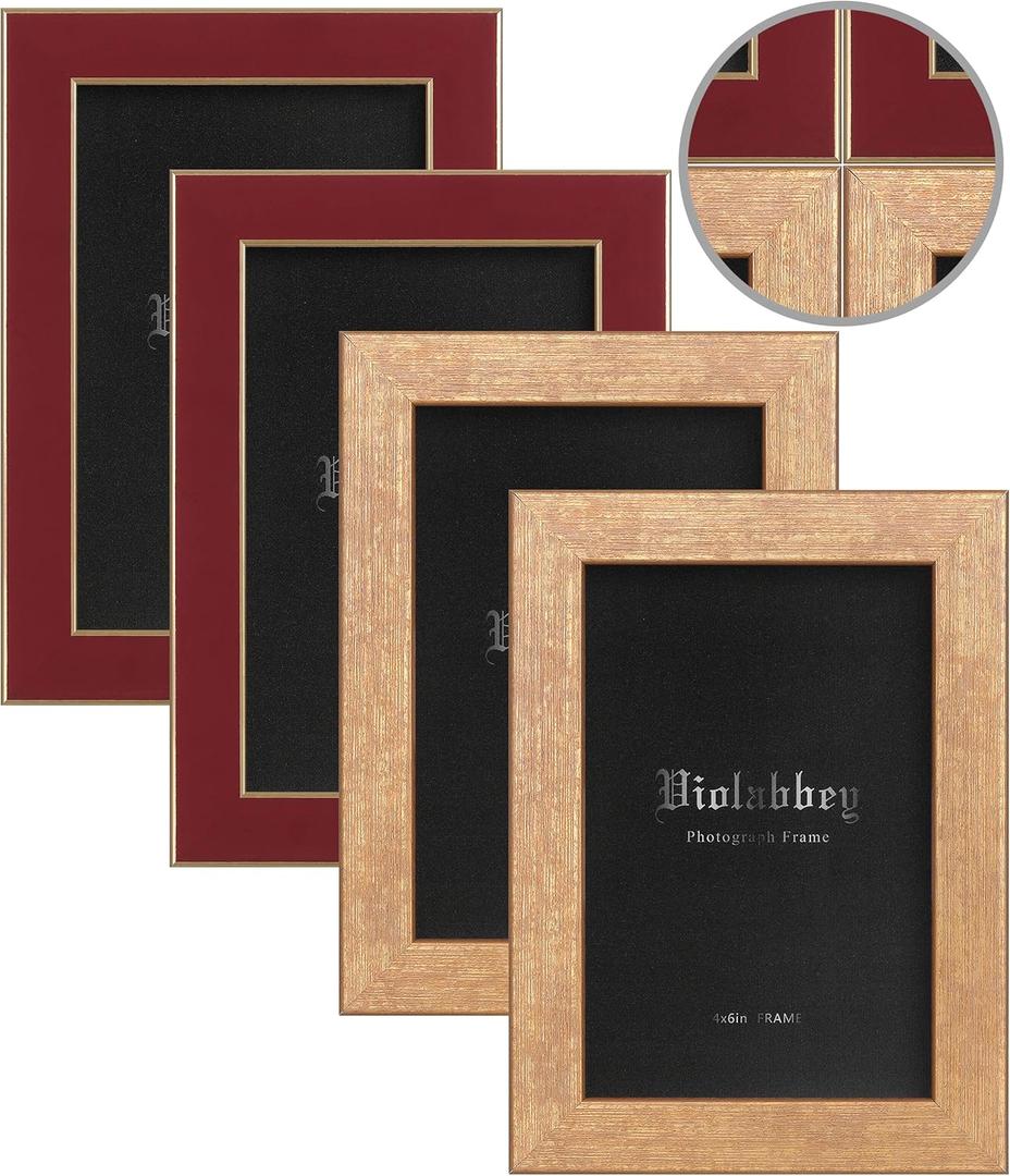 VIOLABBEY 4x6 Picture Frames Set of 4, Colorful Photo Frame of Modern Style, High Definition Tempered Real Glass, Wall Mounted or Tabletop Display (Gold+Red)