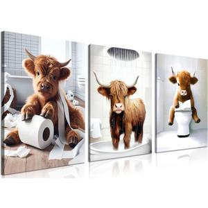 Funny Highland Cow Wall Art Set of 3, Rustic Farmhouse Bathroom Cow Pictures Wall Decor Painting, Brown Cute Cow Animal Canvas Posters Prints for Bathroom Restroom Home Decor Framed 12x16 Inch (16L" x 12W")