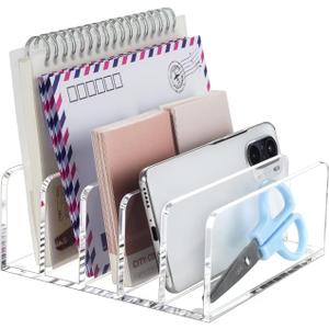 BEYGORM Acrylic Mail Holder, Clear Multifunction Desk Organizer with Divider, Vertical Letter Sorter for Desktop, 5 Compartments Modern Office Home Envelope Organizer for Bill, Document, Notebook