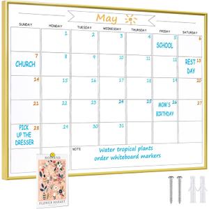 Dry Erase Monthly Calendar Whiteboard, 18"x 24" Gold Aluminum Frame, Magnetic White Board for Wall Office/School/Home, Hanging Board for Decoration/Kitchen Grocery ListYL-Gold-4560-B