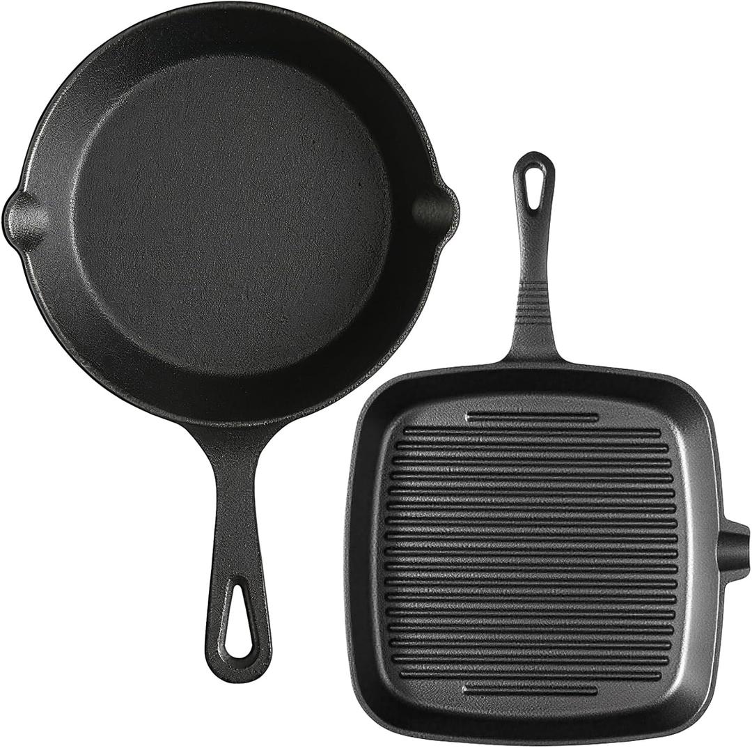 Pre-Seasoned Cast Iron skillets,2 Piece Durable Pots and Pans Set with Handle Covers for Grill, BBQ, Camping Fire, Stovetop, Kitchen and Camping Cookware, Black