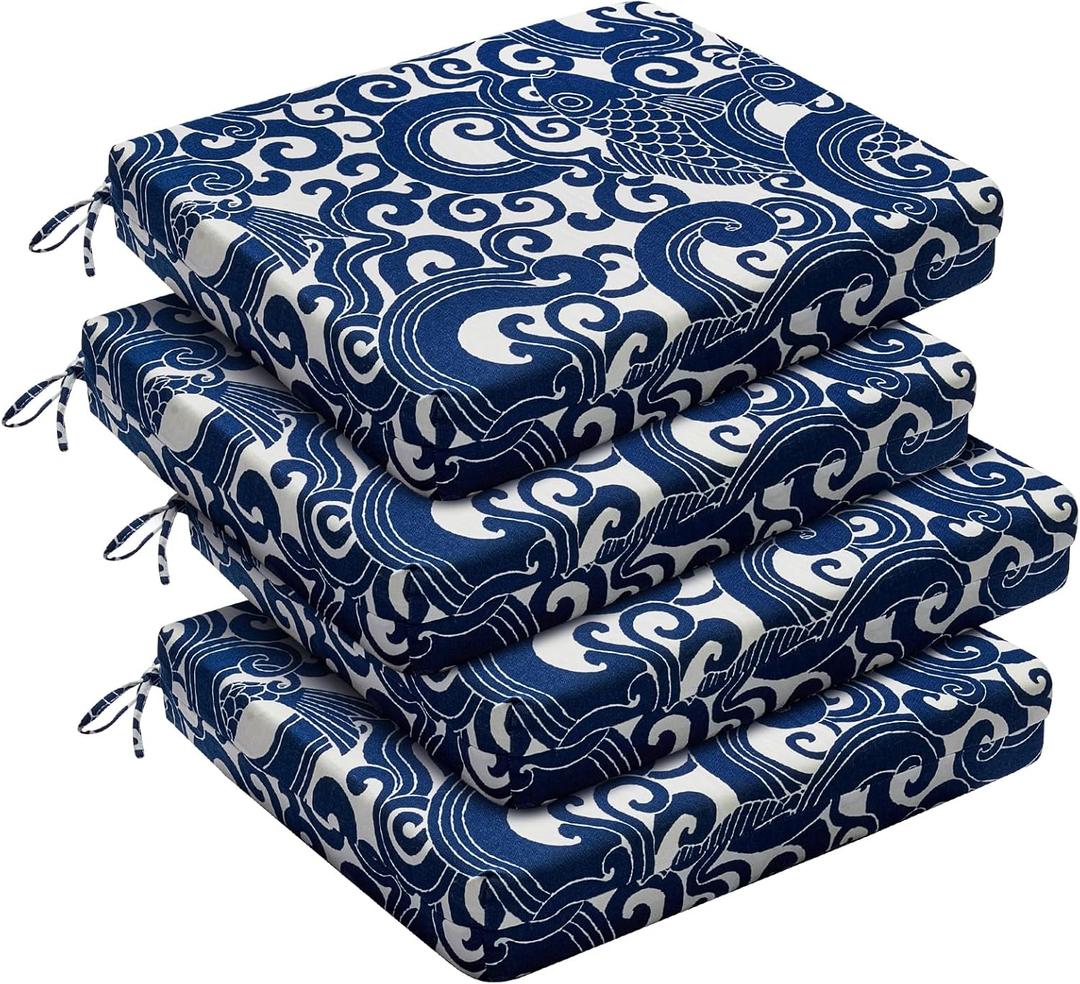 downluxe Outdoor Chair Cushions Set of 4 for Patio Furniture, Water-Resistant Square Corner Patio Chair Cushions with Ties, High Density Foam Outdoor Seat Cushion, 18.5" X 16" X 3", Blue Carp