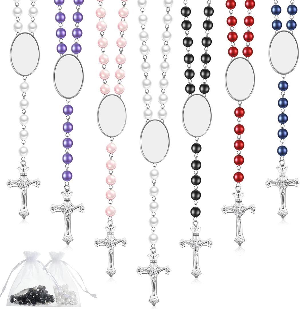 Taiyin 6 Sets Sublimation Blank Rosary Colorful Prayer Beads Heat Transfer Rosary Necklace Printable Sublimation Necklace with Organza Bags for Women Men Baptism DIY Memorial Gifts Making