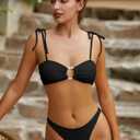 ZAFUL Women's Bandeau Bikini Tie Shoulder O Ring Cheeky Swimsuit (Black, XL)