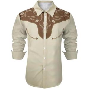 PNORATM Western Shirts for Men Cowboy Shirts Retro Print Long Sleeve Country Shirt Slim Fit Button Down Shirt Casual Work, Size M