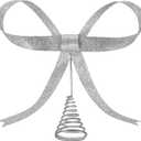 Large Metal Bow Christmas Tree Topper,9.4 Inch Glitter Silver Tree Topper,Silver Bow Christmas Tree Decorations for Xmas Home Decor Holiday Party Indoor Outdoor Shop Office