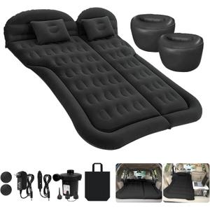 ISWEES Car Bed SUV Air Mattress, Car Air Mattress with Home Power Adapter, Electric Pump, 2 Inflatable Pillows and 2 Footrests for Back Seat, Side Seat,Trunk Sleeping, Thickened Camping Bed - Black