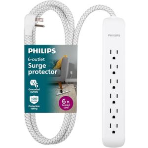 Philips 6 Outlet Power Strip Surge Protector, 6 Ft Power Cord, Designer Braided Extension Cord, Flat Plug, Perfect for Office or Home Dcor, 1080 Joules, White, SPC3054WA/37