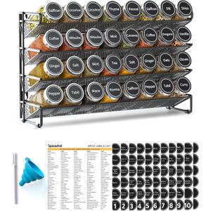 SpaceAid Spice Rack Organizer with 32 Spice Jars, 386 Spice Labels, Chalk Marker and Funnel Set for Cabinet, Countertop, Pantry, Cupboard or Door & Wall Mount - 32 Jars, 15.3" W 10.8" H, Black
