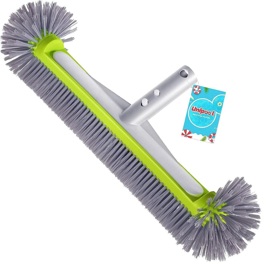 Professional Swimming Pool Brush Head with Round Ends, 17.5" Heavy Duty Aluminum Back for Cleaning Pool Walls, 7 Rows Premium Nylon Bristles with EZ Clips (Green Grey)