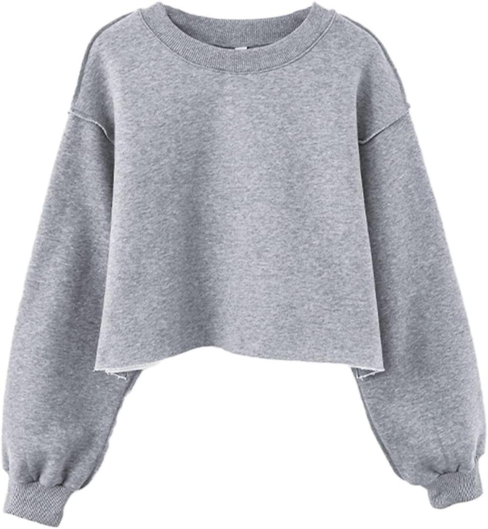 Amazhiyu Women Cropped Sweatshirt Long Sleeves Pullover Fleece Crop Tops (Medium, Heather Grey)