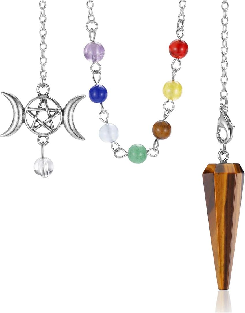 CrystaTears Tiger Eye Healing Crystal Pendulum for Divination Natural Hexagonal Chakra Quartz Crystal Point Stone Dowsing Pendulum for Wicca Witchcraft Reiki Healing Meditation Scrying