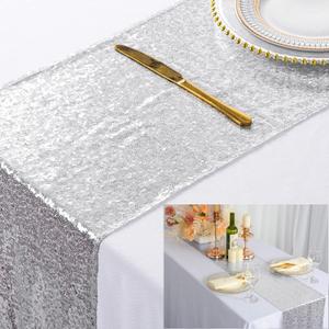 ShinyBeauty Sequin Table Runner 11x106 Inch Pack of 2 Sparkly Silver Table Cover Glitter Table Linen for Wedding Holiday Party Supplies 