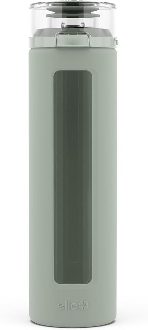 Ello Syndicate 20oz Reusable Glass Water Bottle with One-Touch Leak Proof Flip Lid and Protective Non-Slip Silicone Sleeve and Carry Loop for Coffee, Tea and Water, BPA-free Dishwasher Safe (Sage)
