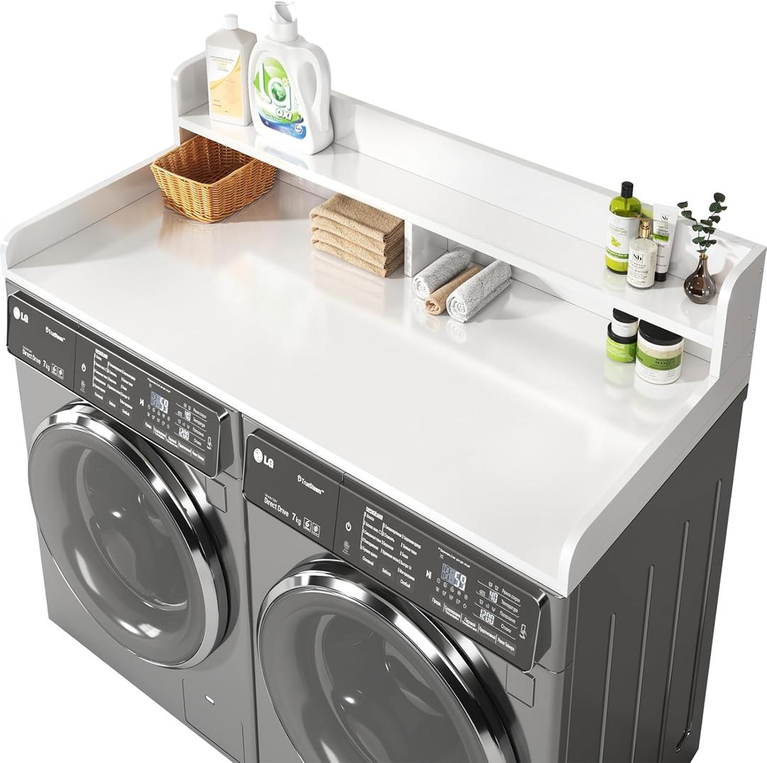2-Tier Washer and Dryer Countertop with 2.75" H Guard,54" W x 27.5" D Laundry Countertop Cover with Non-Slip Pad,Large Space Laundry Topper for Folding Clothes Over Washer and Dryer-White
