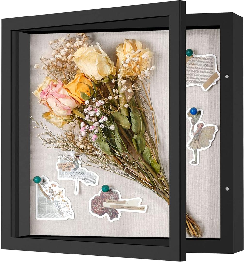 11x11 Shadow Box Frame with Linen Back - Sturdy Rustic Memory Display Case of Flower, Pictures, Medals and More, Black