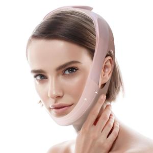Jawline Shaper Chin Strap for Sleeping, Reusable V-Line Mask for Women Face Lifting Made w/ Electric-Hot-Press Tech for Skin-Friendly & Breathable Cooling Fabric (Pink, M)